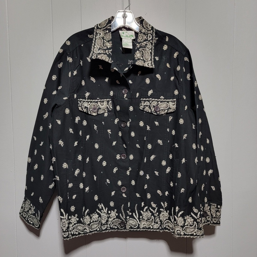 Quaker Factory Women Black Paisley Floral Embroidered Cotton Jacket Size‎ L